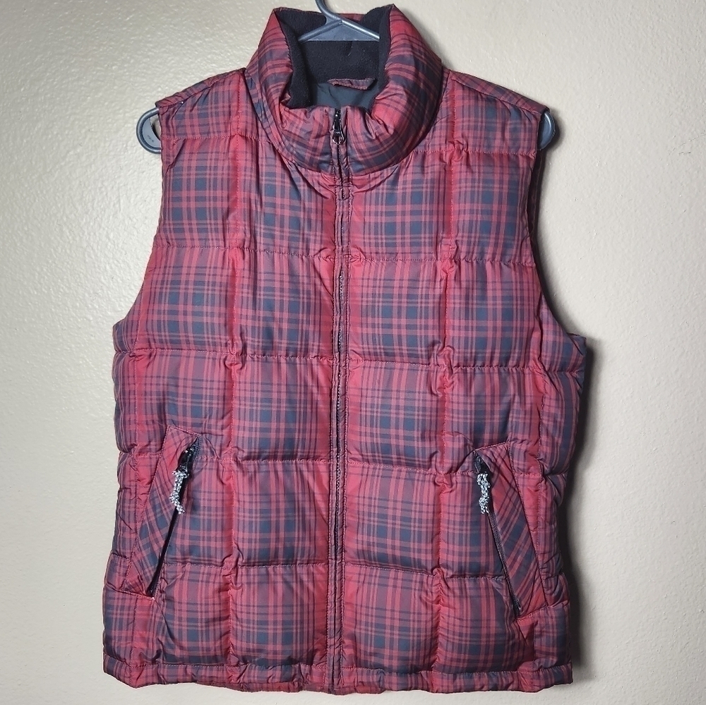 Eddie Bauer Womens WeatherEdge Red/Black Plaid Goose Down Vest-Size S